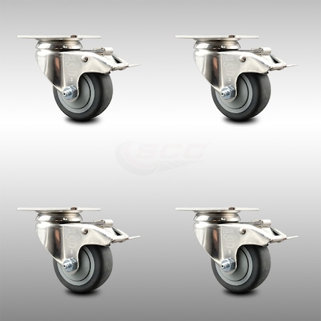 Service Caster 3 Inch 316SS Thermoplastic Rubber Swivel Top Plate Caster Set Total Lock Brake SCC-SS316TTL20S314-TPRB-4